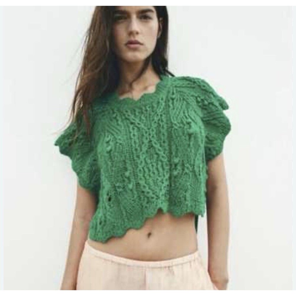 Zara Women's Green Crochet Cable Knit Short Sleeve Crop Sweater Top Size Small